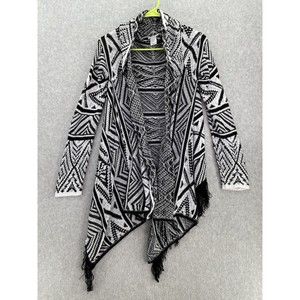 Trillium Women's Open Front Cardigan Size Large Cable Knit Black White Fringe
